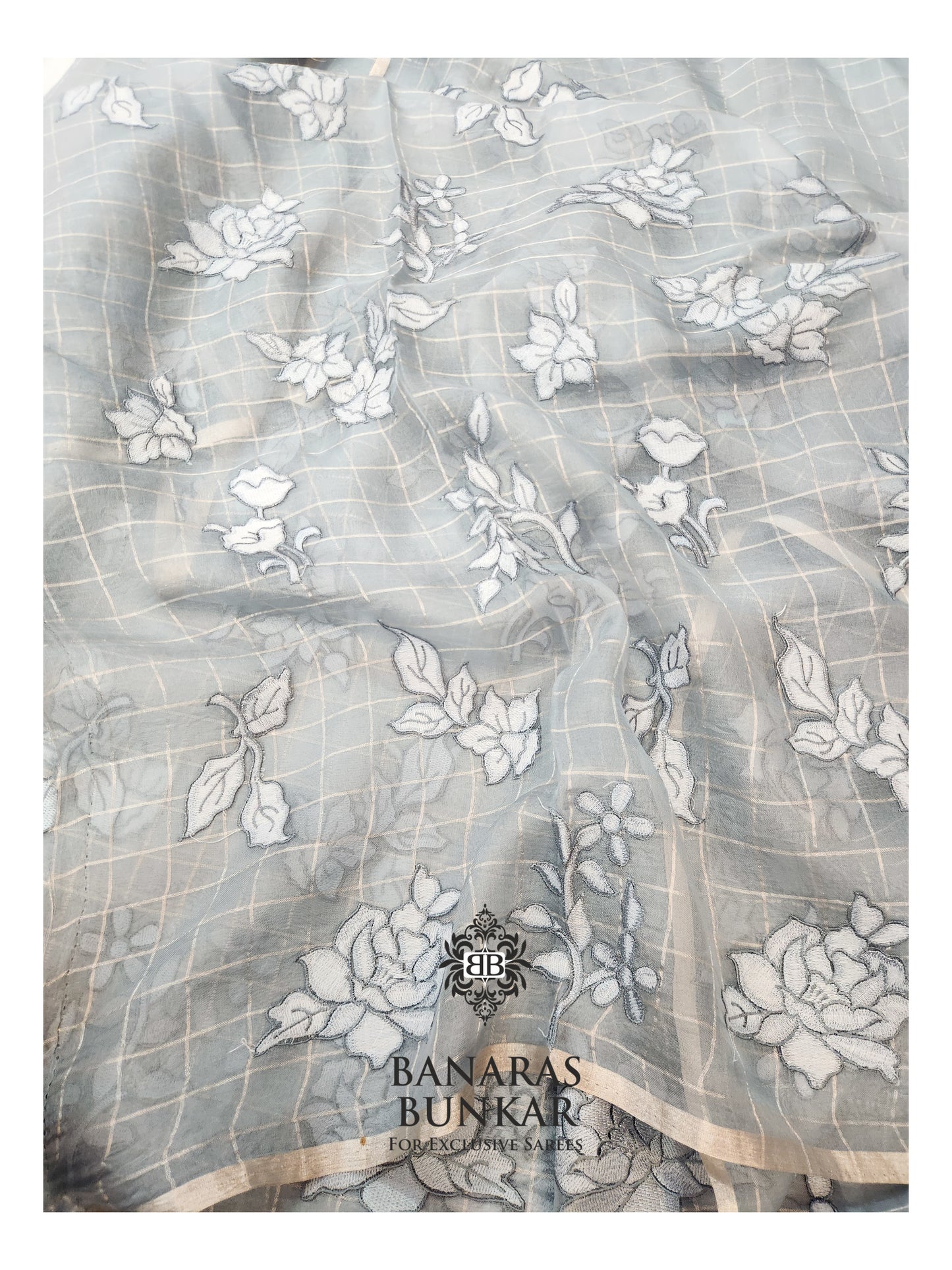 Banarasi Pure Chikankari Organza Silk Saree with Allover Floral Buta Resham Embroidery