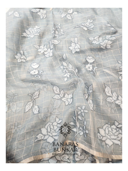 Banarasi Pure Chikankari Organza Silk Saree with Allover Floral Buta Resham Embroidery