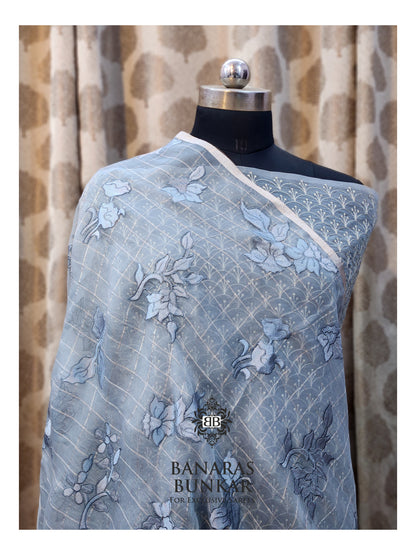 Banarasi Pure Chikankari Organza Silk Saree with Allover Floral Buta Resham Embroidery