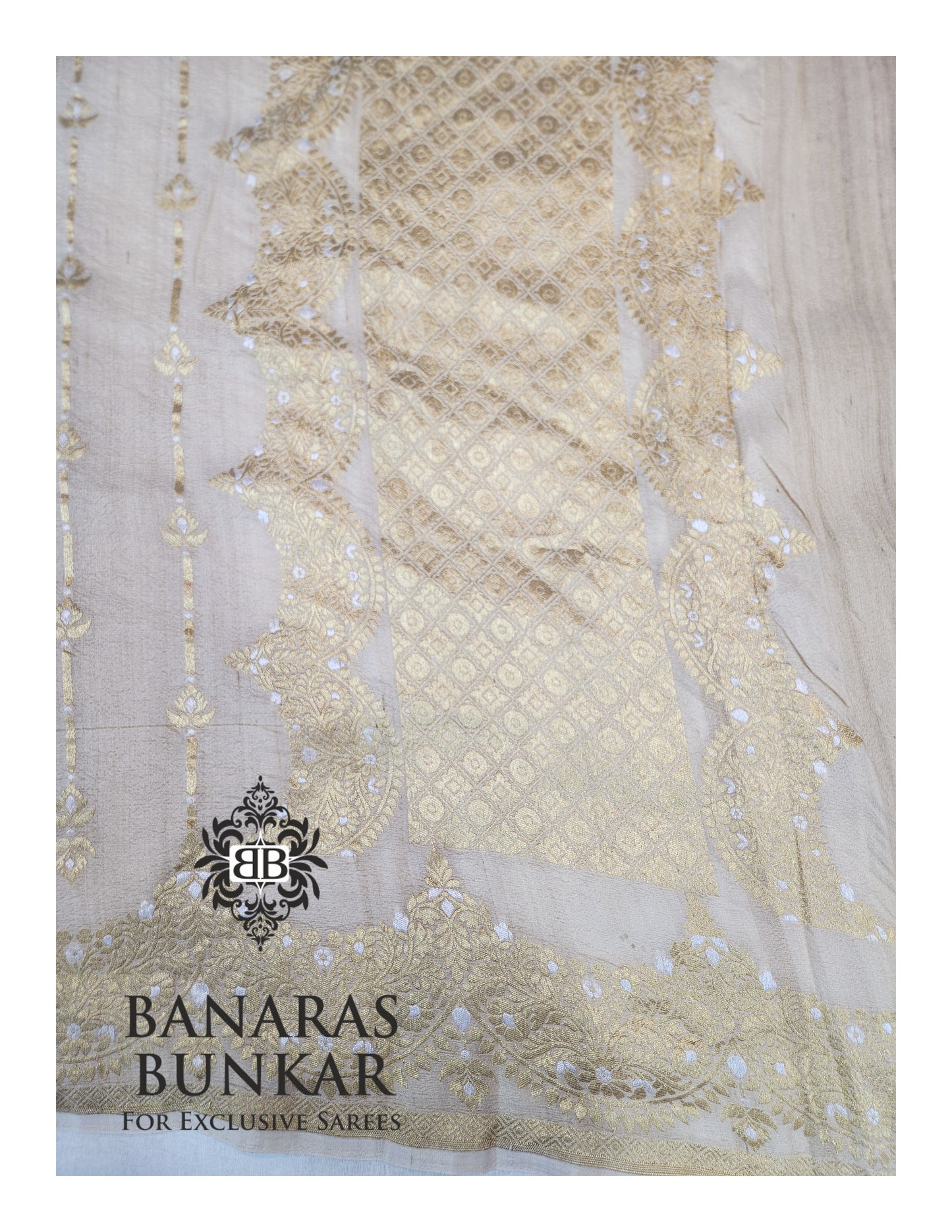 Banarasi Handloom Pure Khaddi Tussar Georgette Saree with Zari Buti & Intricate Border