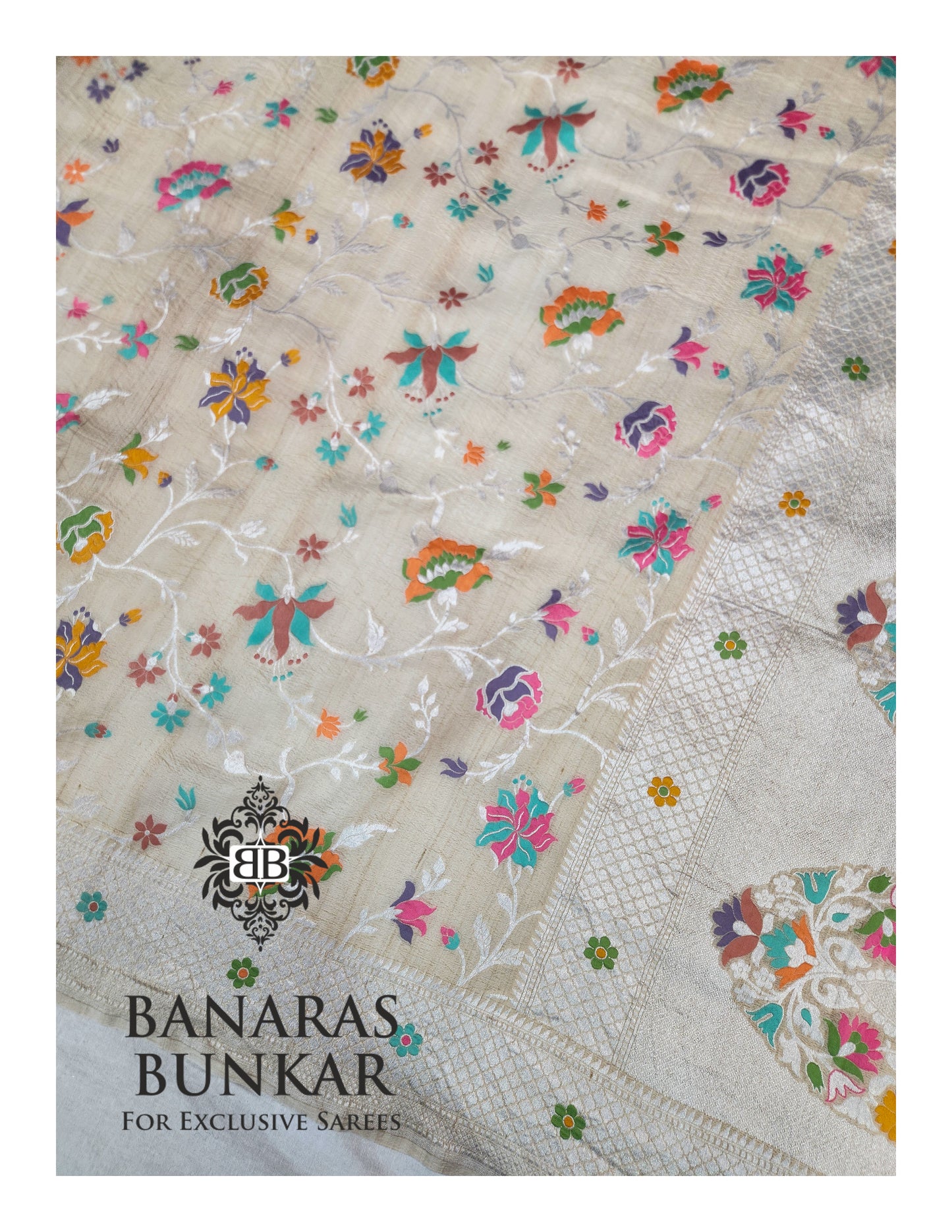 Banarasi Handloom Pure Khaddi Tussar Georgette Saree with Elegant Resham Floral Buta jaal & silver Zari Weaving