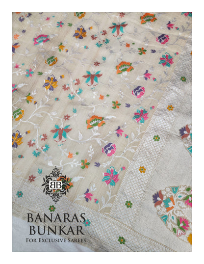 Banarasi Handloom Pure Khaddi Tussar Georgette Saree with Elegant Resham Floral Buta jaal & silver Zari Weaving
