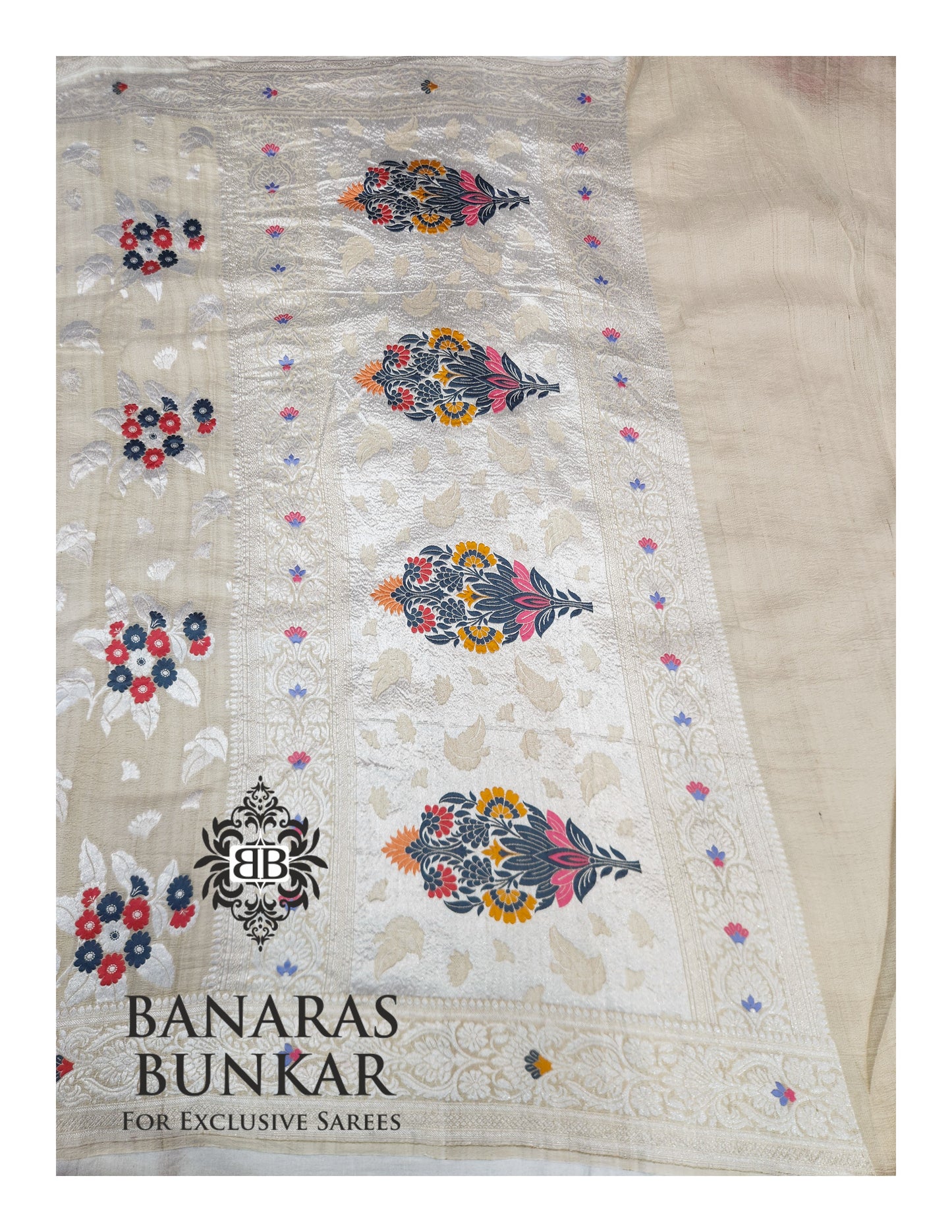Banarasi Handloom Pure Khaddi Tussar Georgette Saree with Elegant Resham Floral Buti & Silver Zari Weaving
