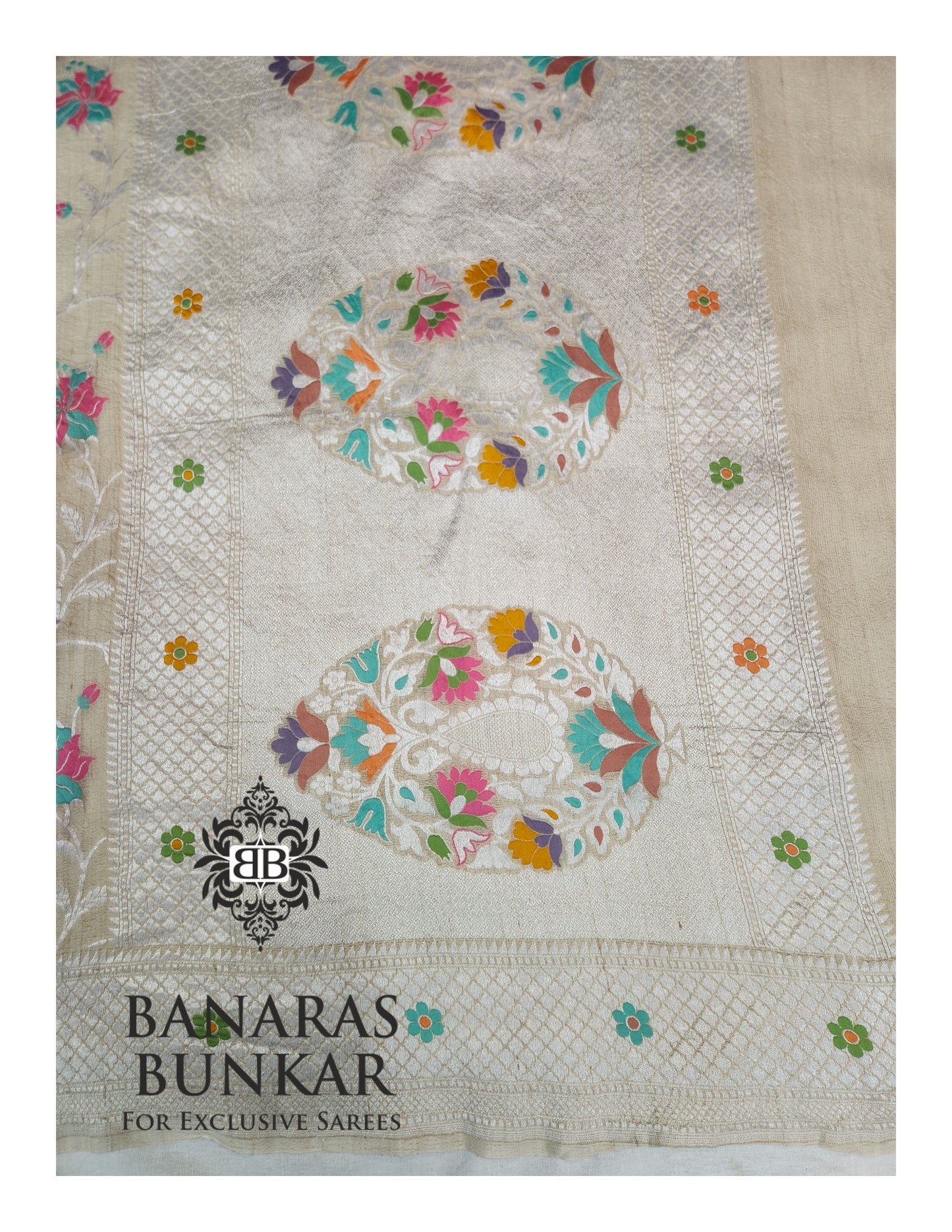 Banarasi Handloom Pure Khaddi Tussar Georgette Saree with Elegant Resham Floral Buta jaal & silver Zari Weaving