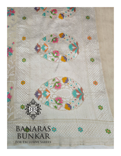 Banarasi Handloom Pure Khaddi Tussar Georgette Saree with Elegant Resham Floral Buta jaal & silver Zari Weaving