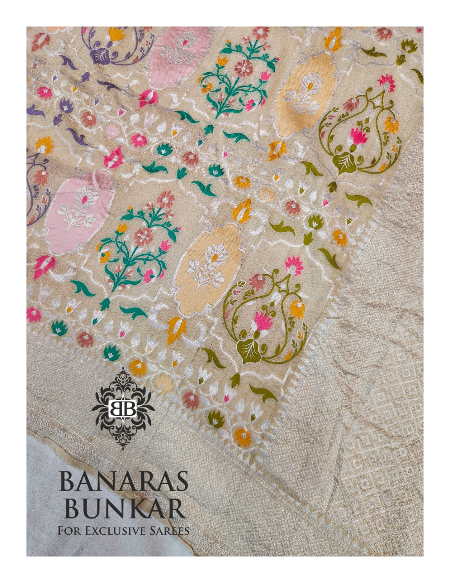 Banarasi Handloom Pure Khaddi Tussar Georgette Saree with Elegant Resham Floral Buta & Gold Zari Weaving