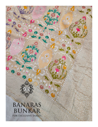 Banarasi Handloom Pure Khaddi Tussar Georgette Saree with Elegant Resham Floral Buta & Gold Zari Weaving
