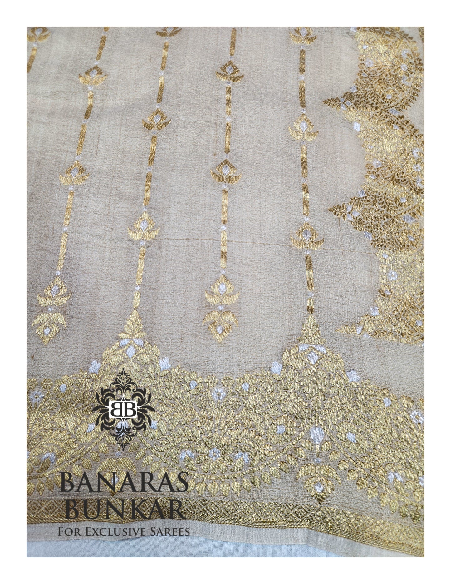 Banarasi Handloom Pure Khaddi Tussar Georgette Saree with Zari Buti & Intricate Border