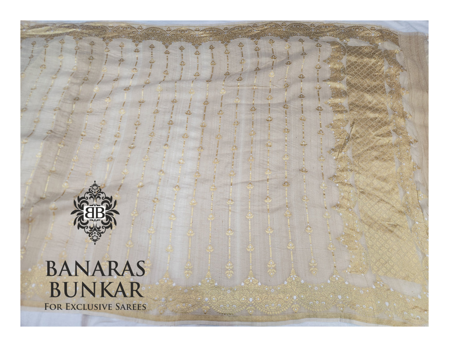 Banarasi Handloom Pure Khaddi Tussar Georgette Saree with Zari Buti & Intricate Border