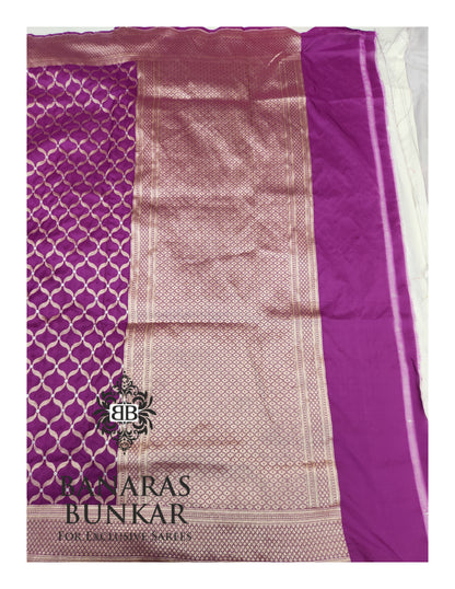 Banarasi Handloom Katan Silk Saree with Allover Chunar Jali & Almond Gold Zari Weaving