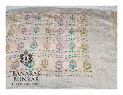 Banarasi Handloom Pure Khaddi Tussar Georgette Saree with Elegant Resham Floral Buta & Gold Zari Weaving