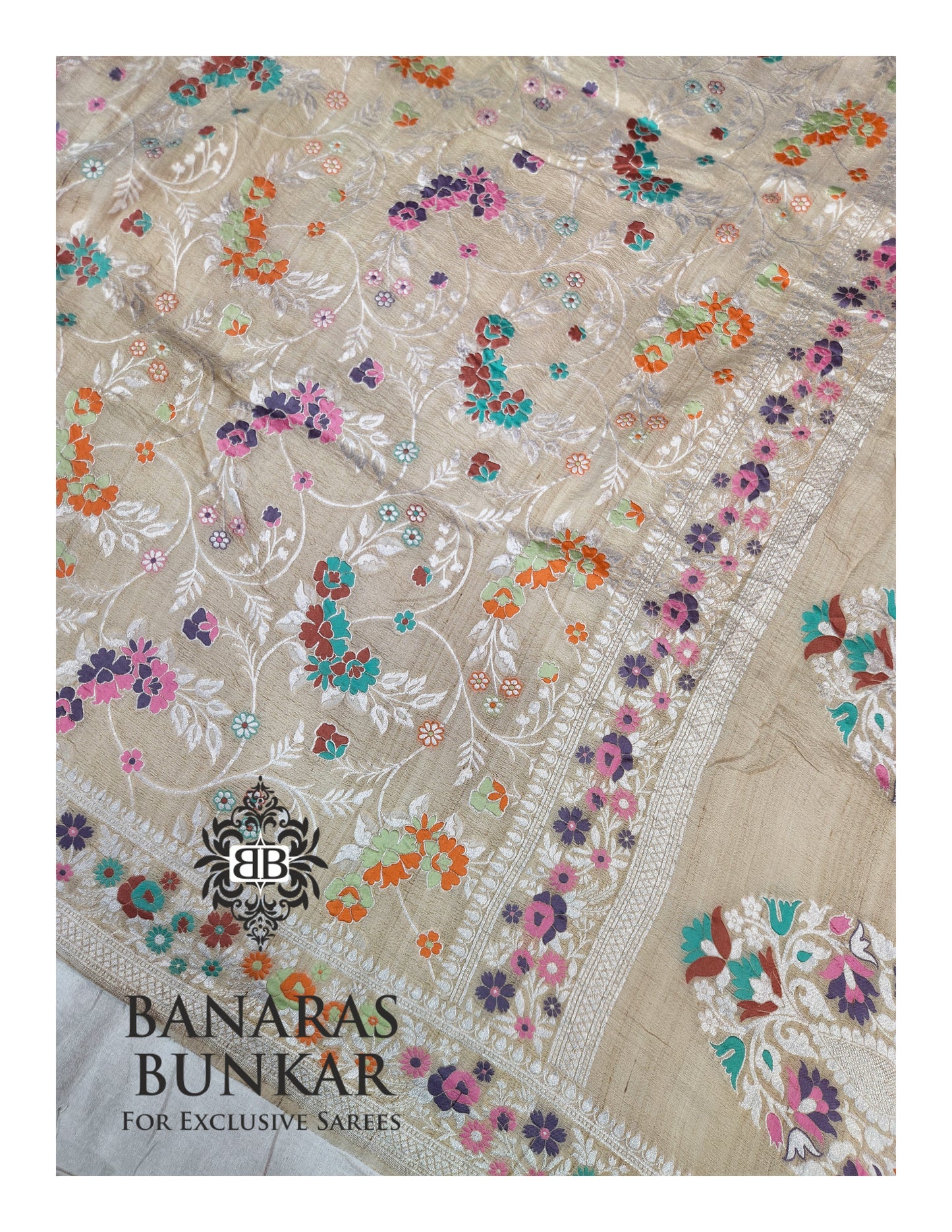 Banarasi Handloom Pure Khaddi Tussar Georgette Saree with Elegant Resham Floral Buta & Gold Zari Weaving