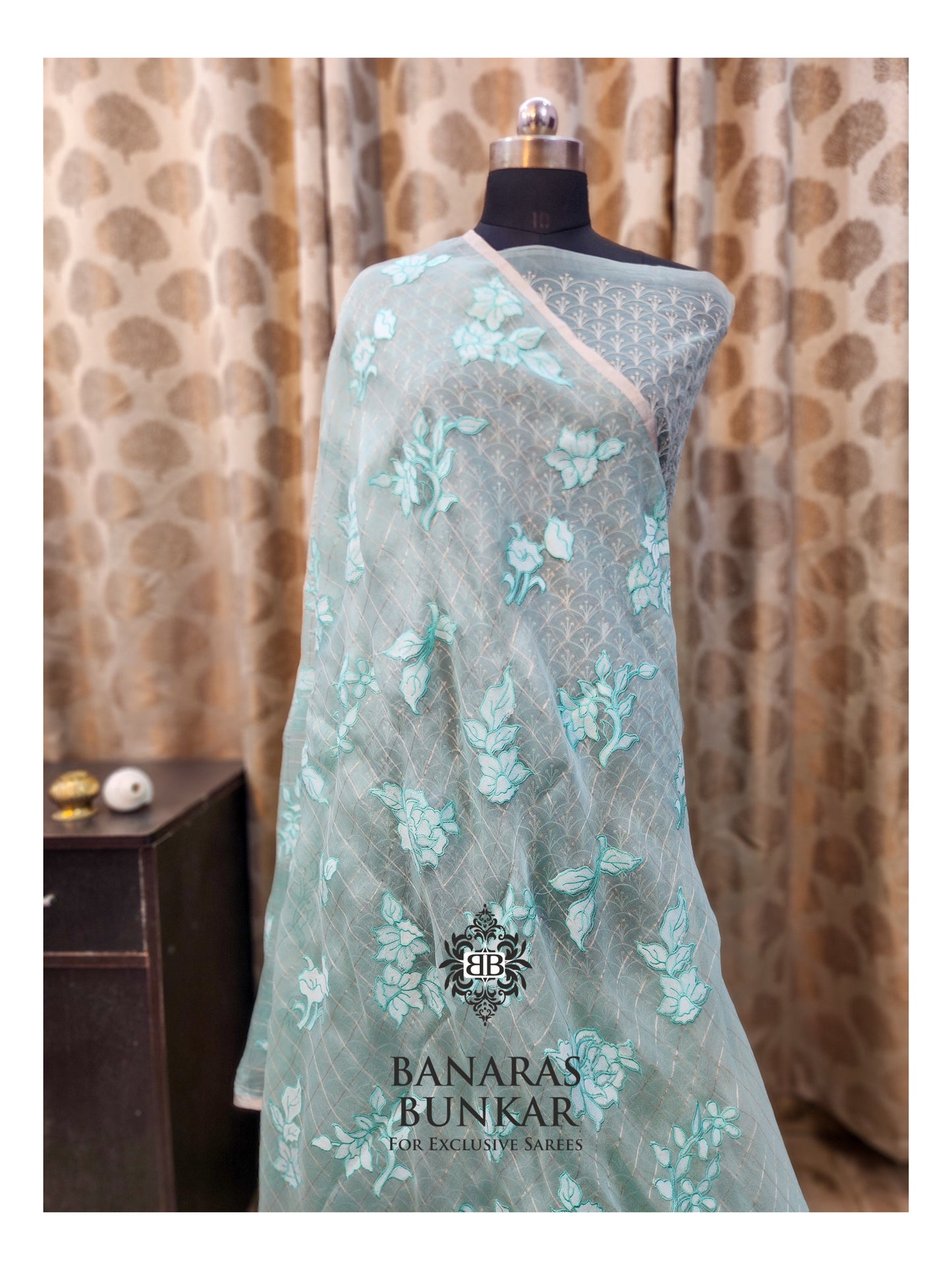 Banarasi Pure Chikankari Organza Silk Saree with Allover Floral Buta Resham Embroidery
