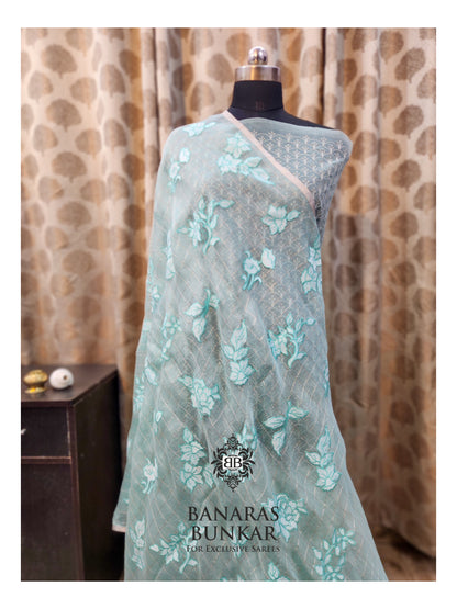 Banarasi Pure Chikankari Organza Silk Saree with Allover Floral Buta Resham Embroidery