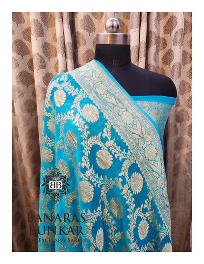 Teal Blue Banarasi Handloom Khaddi Georgette saree| Allover Floral Jaal Design & Equal Border in water zari