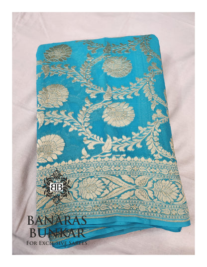 Teal Blue Banarasi Handloom Khaddi Georgette saree| Allover Floral Jaal Design & Equal Border in water zari