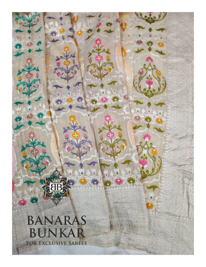 Banarasi Handloom Pure Khaddi Tussar Georgette Saree with Elegant Resham Floral Buta & Gold Zari Weaving