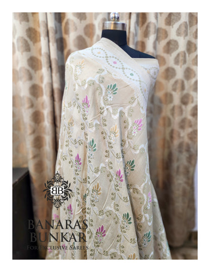 Banarasi Handloom Pure Khaddi Tussar Georgette Saree with Elegant Resham Floral Buta & silver Zari Weaving