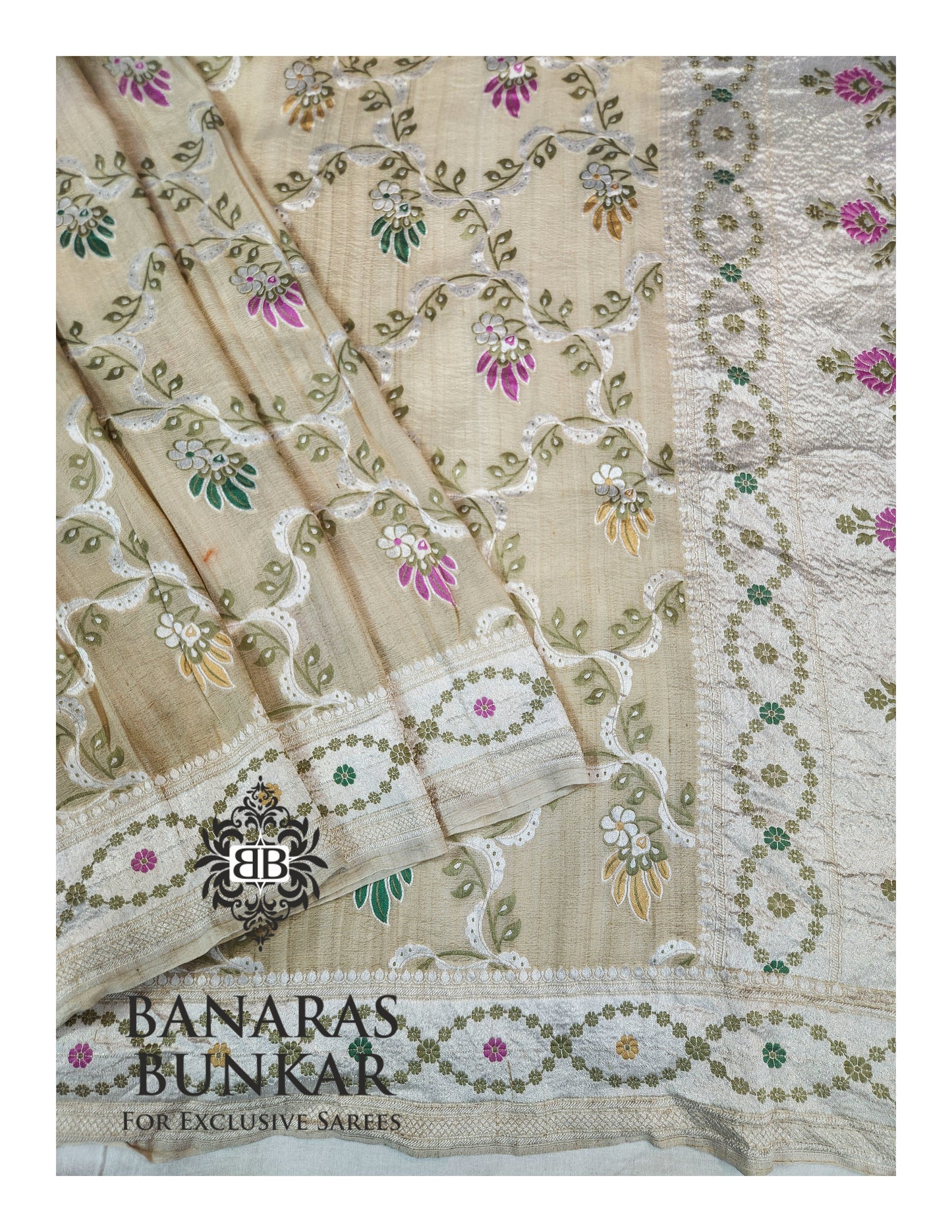 Banarasi Handloom Pure Khaddi Tussar Georgette Saree with Elegant Resham Floral Buta & silver Zari Weaving