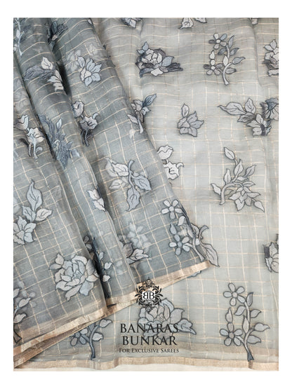 Banarasi Pure Chikankari Organza Silk Saree with Allover Floral Buta Resham Embroidery