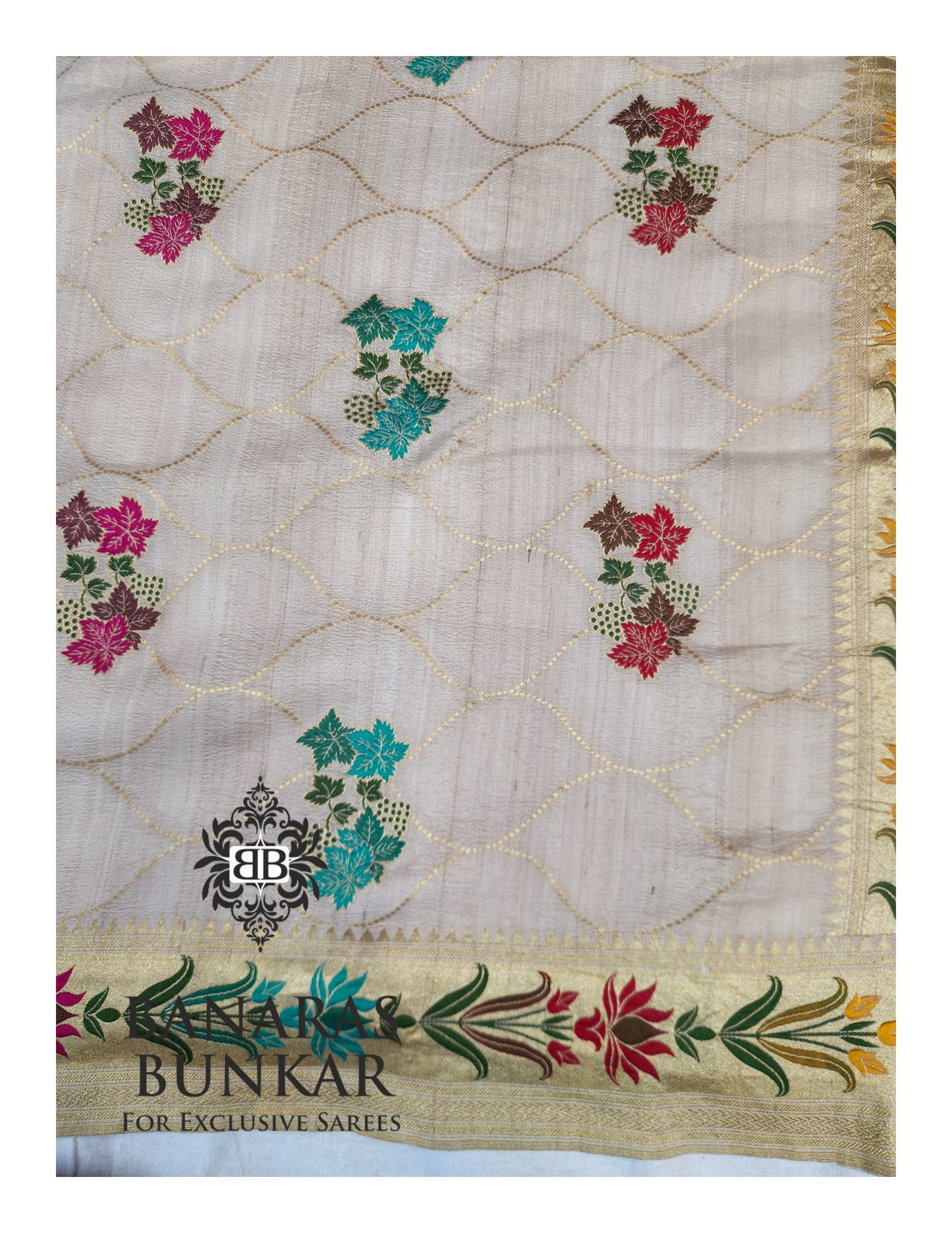 Banarasi Handloom Pure Khaddi Tussar Georgette Saree with Elegant Resham Floral Buta & Gold Zari Weaving