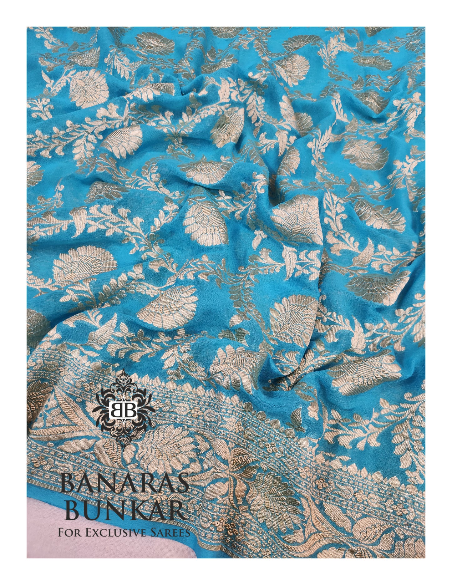 Teal Blue Banarasi Handloom Khaddi Georgette saree| Allover Floral Jaal Design & Equal Border in water zari