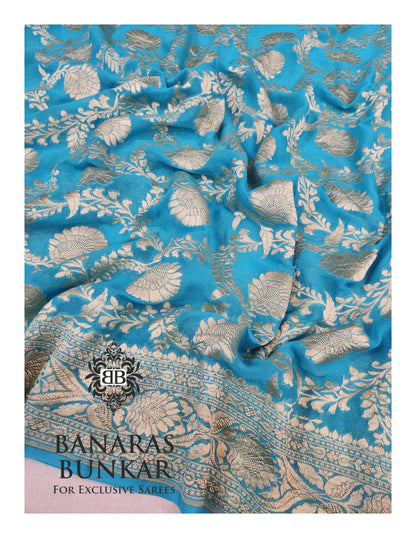 Teal Blue Banarasi Handloom Khaddi Georgette saree| Allover Floral Jaal Design & Equal Border in water zari