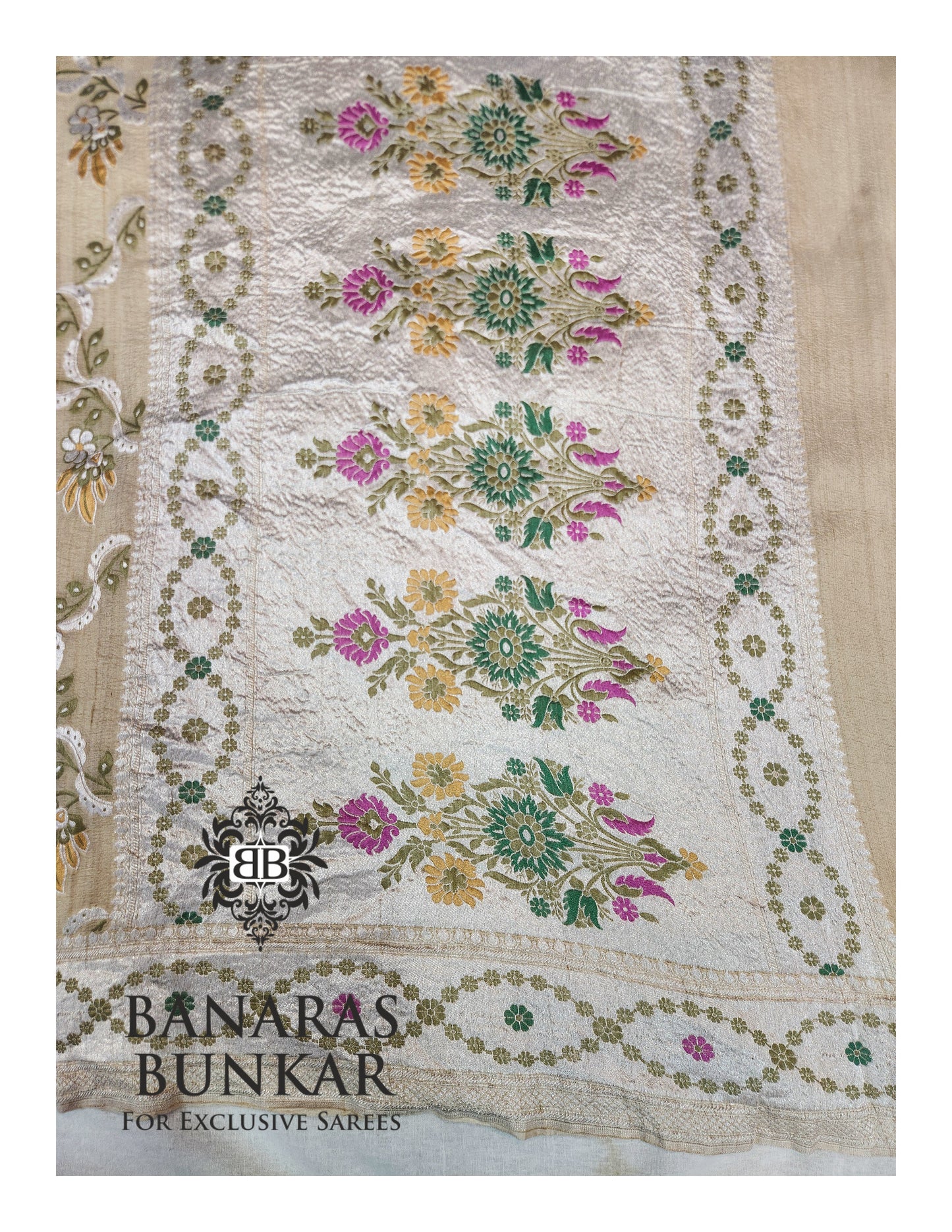 Banarasi Handloom Pure Khaddi Tussar Georgette Saree with Elegant Resham Floral Buta & silver Zari Weaving