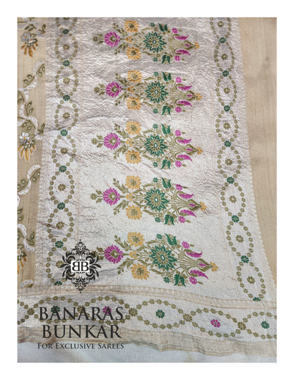 Banarasi Handloom Pure Khaddi Tussar Georgette Saree with Elegant Resham Floral Buta & silver Zari Weaving
