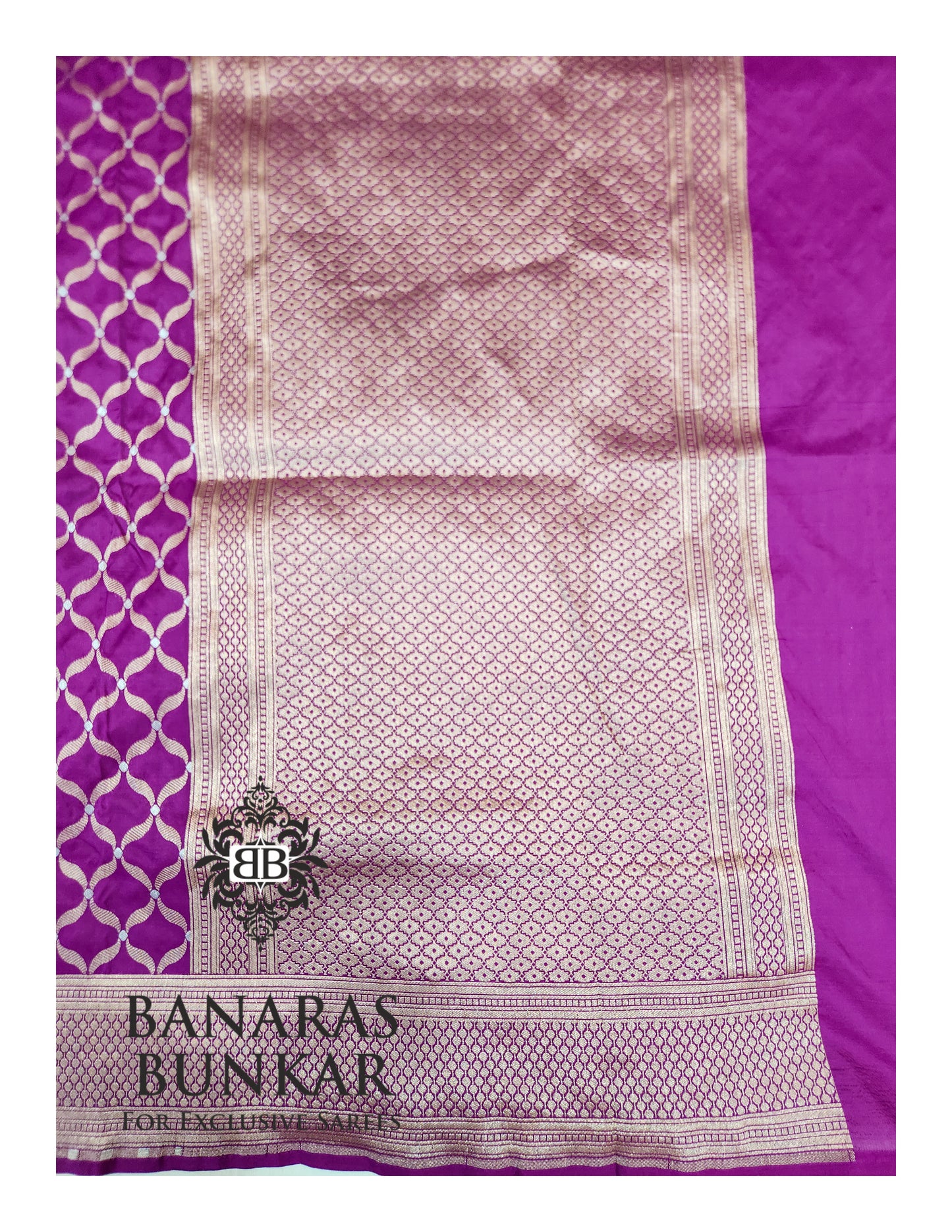 Banarasi Handloom Katan Silk Saree with Allover Chunar Jali & Almond Gold Zari Weaving