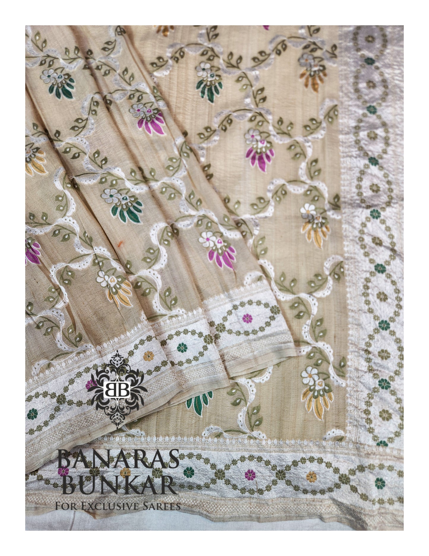 Banarasi Handloom Pure Khaddi Tussar Georgette Saree with Elegant Resham Floral Buta & silver Zari Weaving