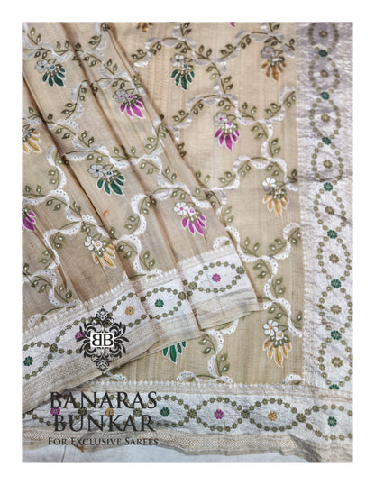 Banarasi Handloom Pure Khaddi Tussar Georgette Saree with Elegant Resham Floral Buta & silver Zari Weaving