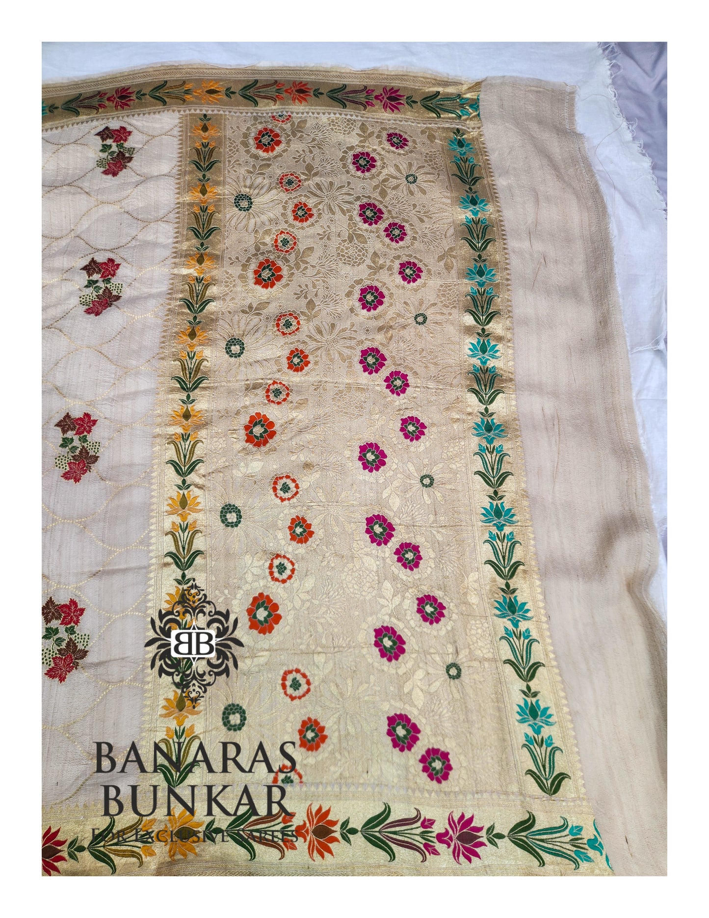 Banarasi Handloom Pure Khaddi Tussar Georgette Saree with Elegant Resham Floral Buta & Gold Zari Weaving