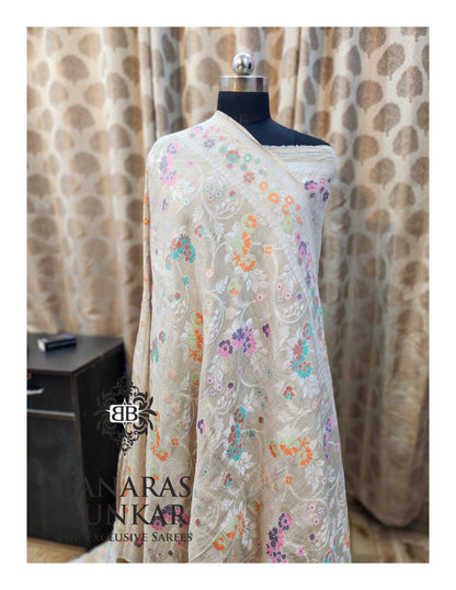 Banarasi Handloom Pure Khaddi Tussar Georgette Saree with Elegant Resham Floral Buta & Gold Zari Weaving