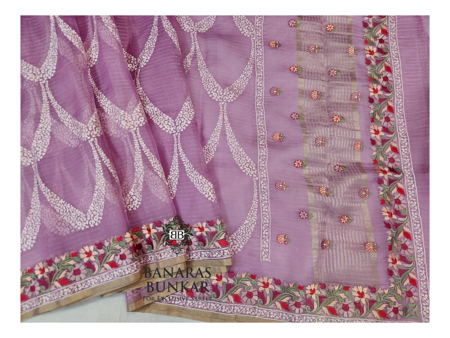 Banarasi Pure Organza Chikankari Silk Saree with Resham & Thread Embroidery