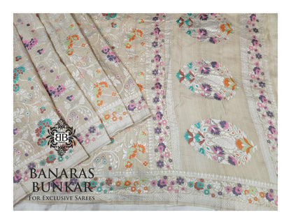 Banarasi Handloom Pure Khaddi Tussar Georgette Saree with Elegant Resham Floral Buta & Gold Zari Weaving