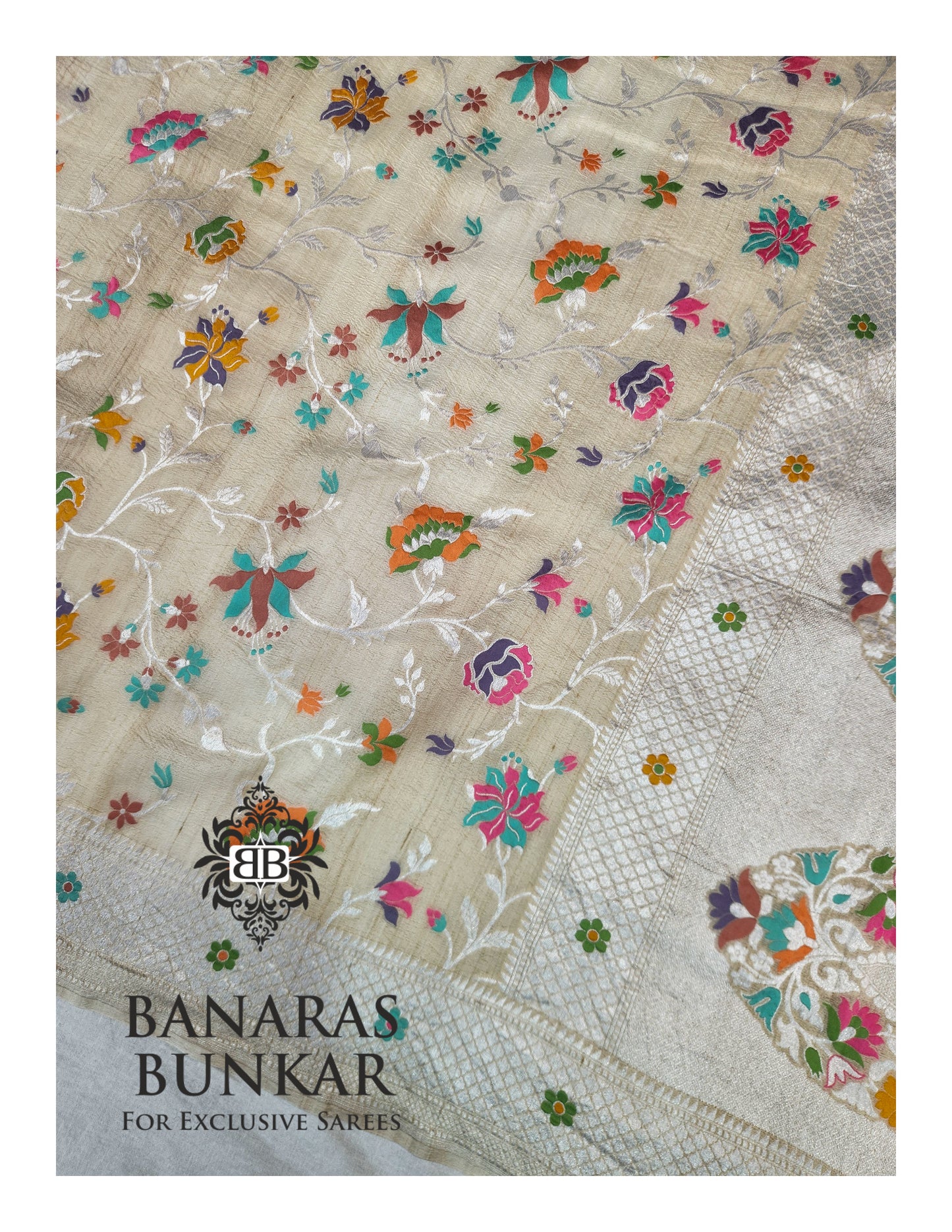 Banarasi Handloom Pure Khaddi Tussar Georgette Saree with Elegant Resham Floral Buta jaal & silver Zari Weaving