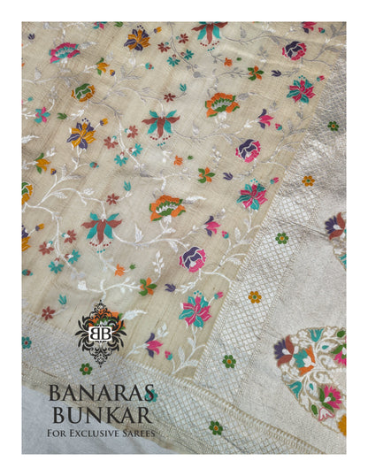 Banarasi Handloom Pure Khaddi Tussar Georgette Saree with Elegant Resham Floral Buta jaal & silver Zari Weaving