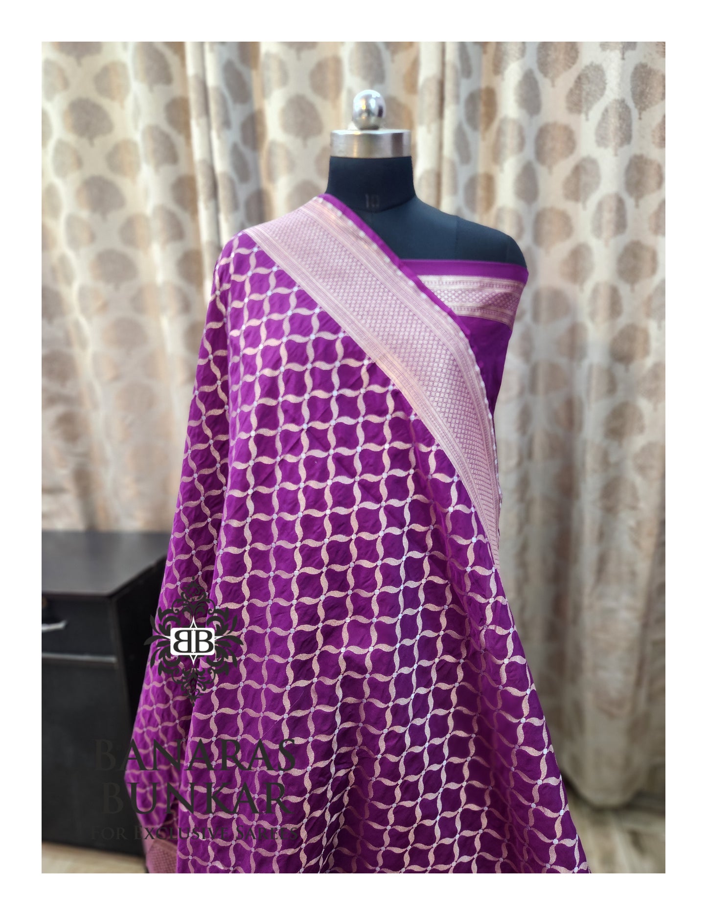 Banarasi Handloom Katan Silk Saree with Allover Chunar Jali & Almond Gold Zari Weaving