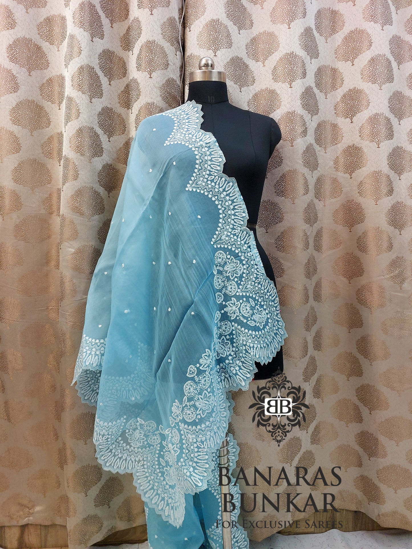 Banarasi Pure Chikenkari organza silk Dupatta - Firozi