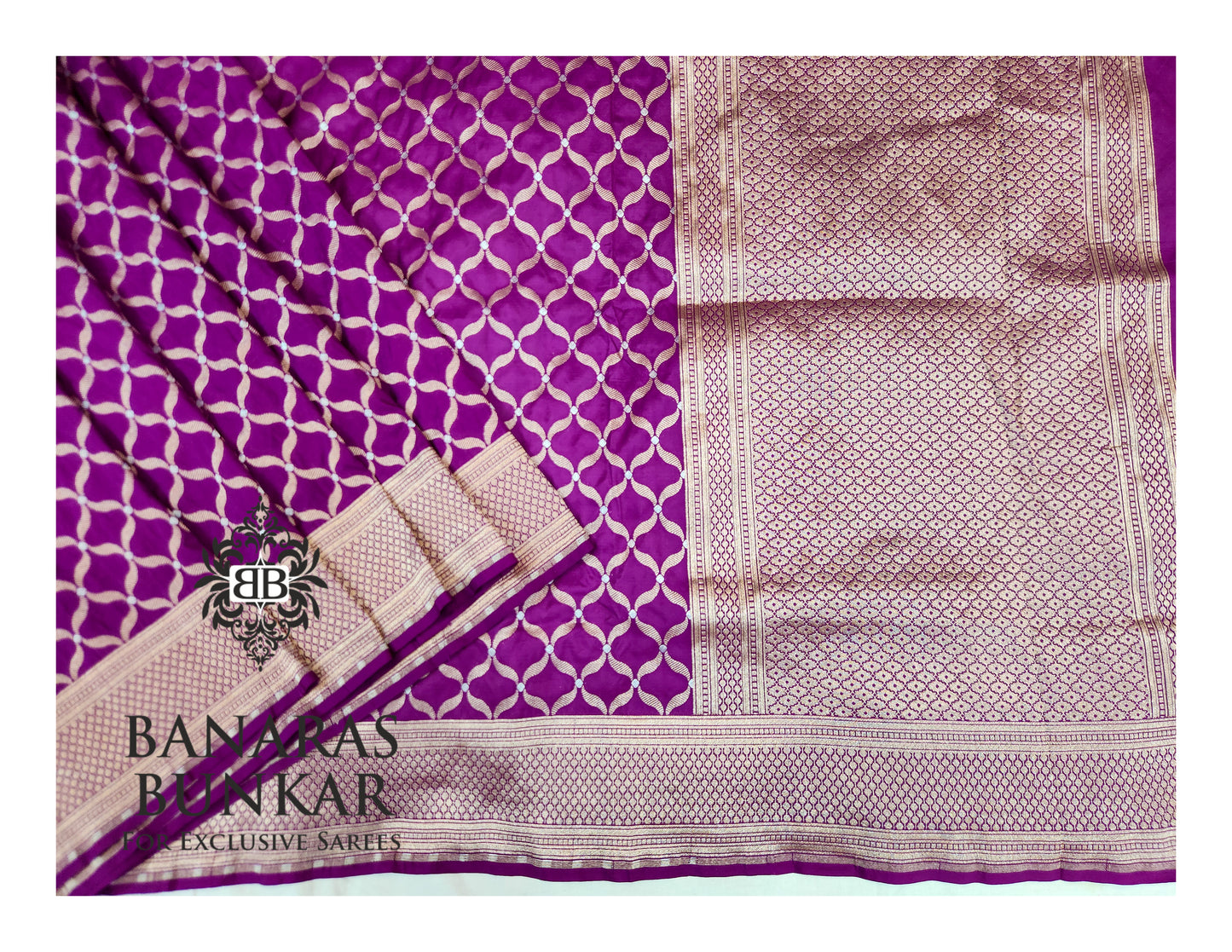 Banarasi Handloom Katan Silk Saree with Allover Chunar Jali & Almond Gold Zari Weaving